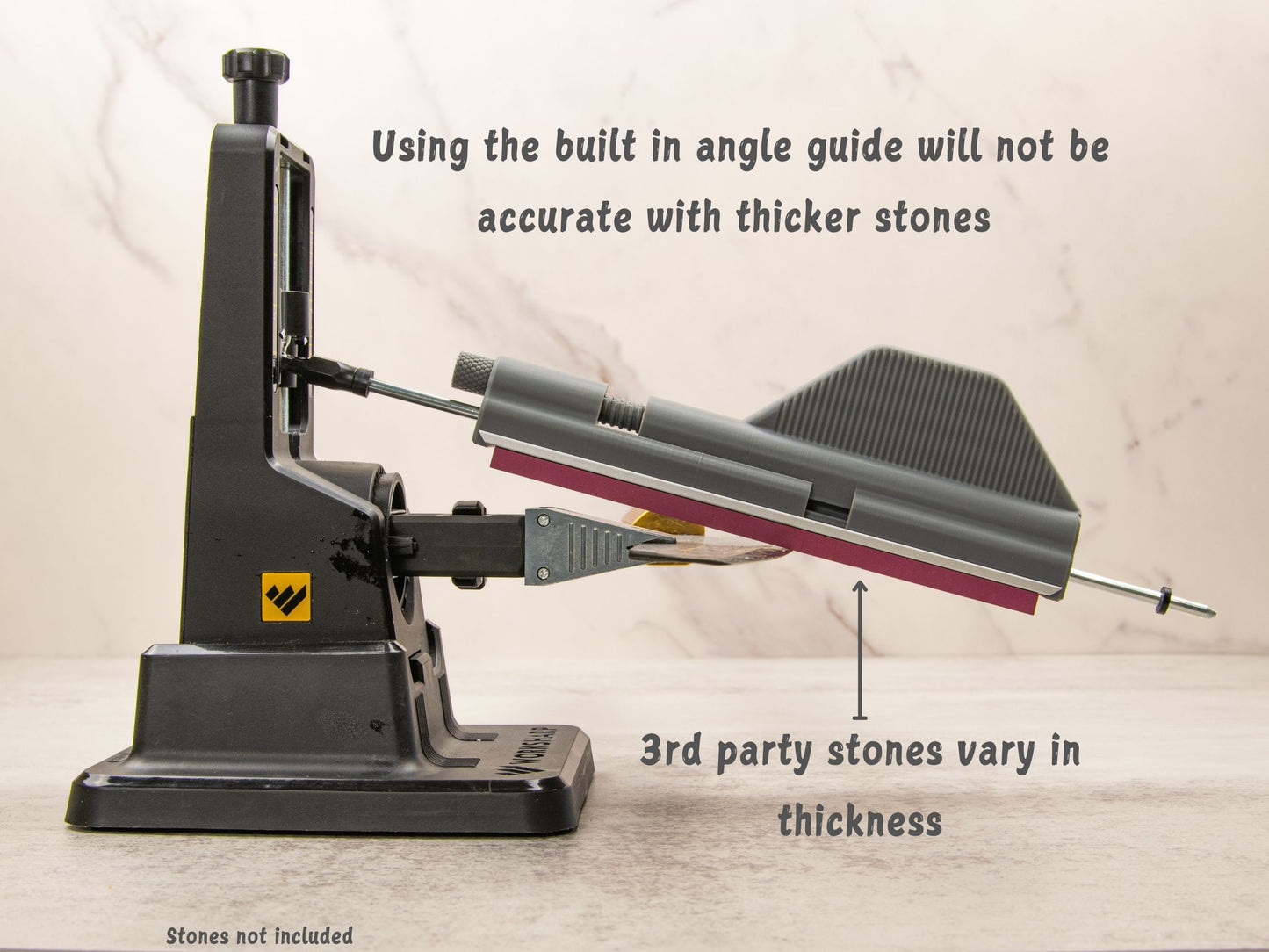 Stone holder on Work Sharp sharpener showing angle variance with thicker stones.