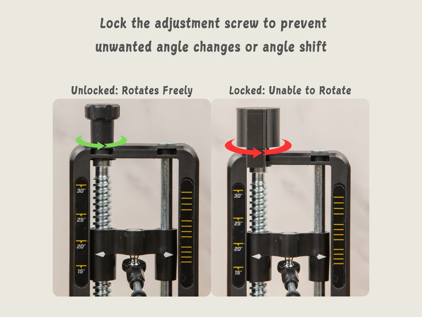 Angle lock accessory prevents unwanted sharpening angle changes on Work Sharp sharpener.