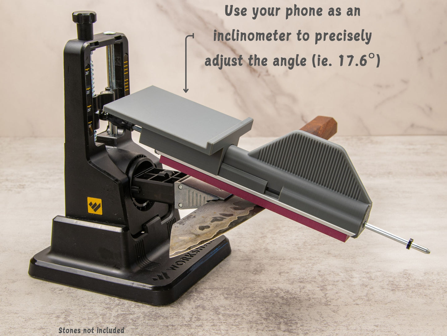 Phone tray accessory lets you use a smartphone as an inclinometer for sharpening accuracy.