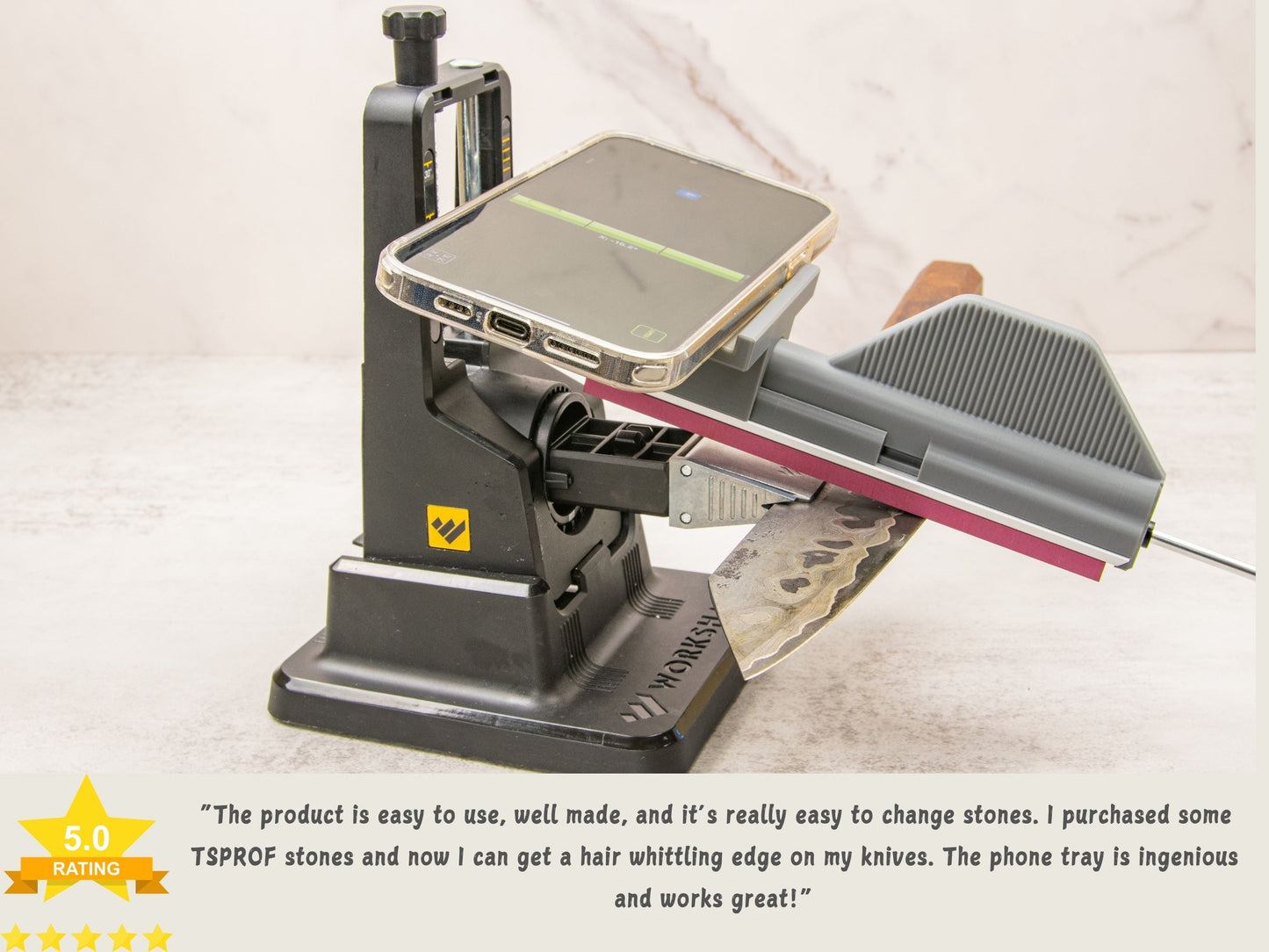 Work Sharp Precision Adjust with phone tray, 6-inch stone holder, and customer review overlay.