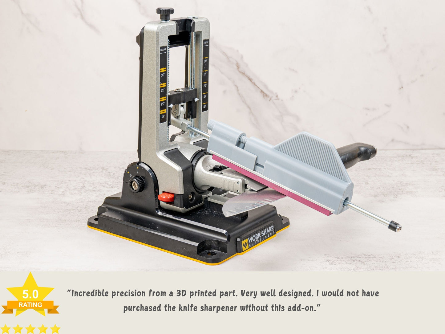 6-inch stone holder for Work Sharp Professional Precision Adjust with customer review overlay.