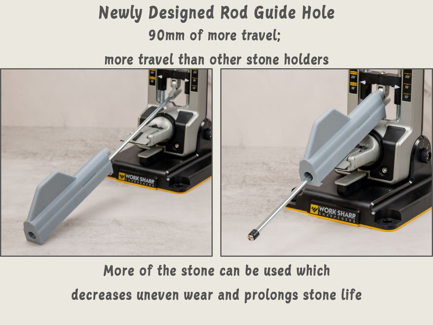 Redesigned rod guide hole allows more travel and reduces stone wear.