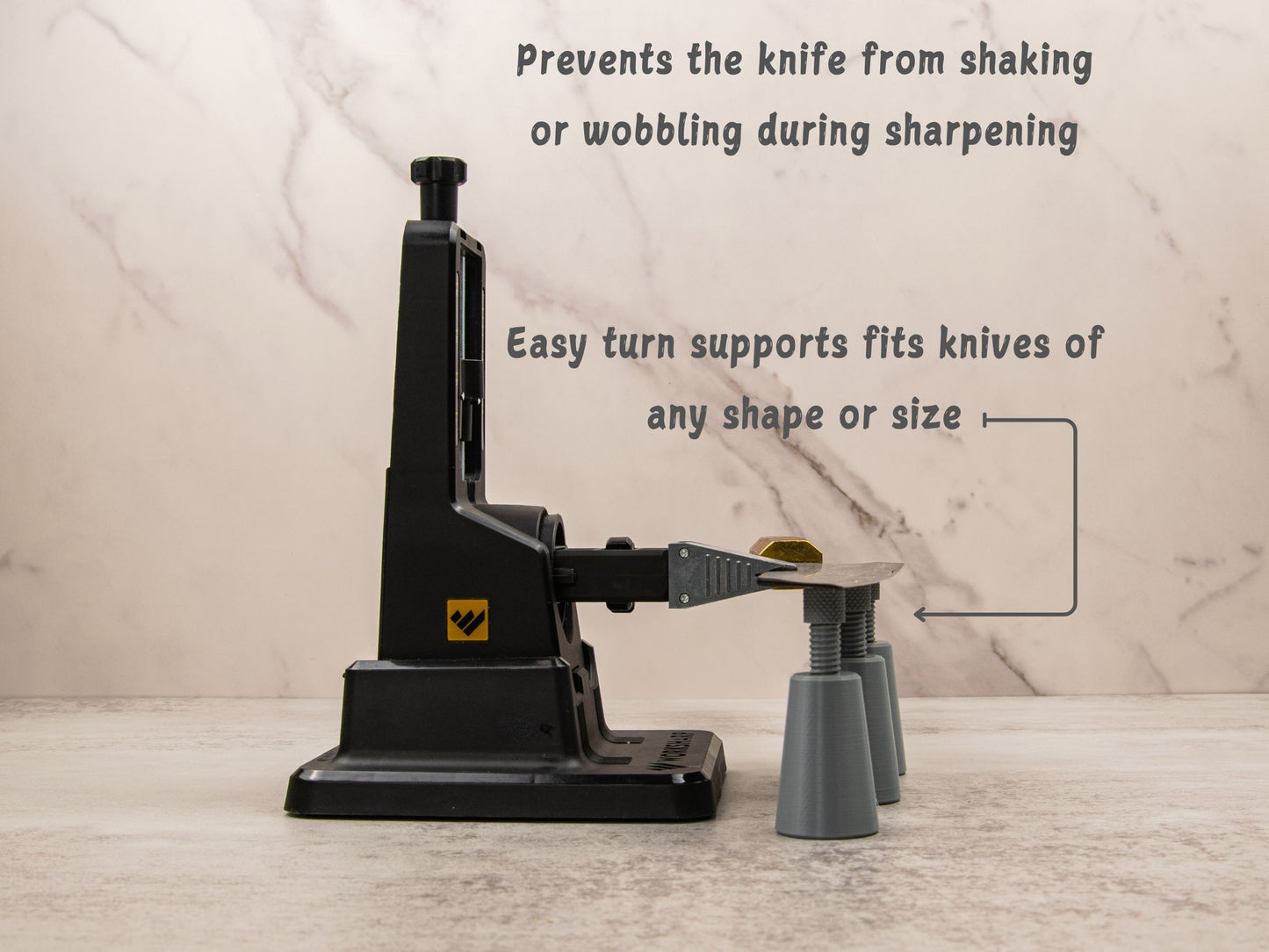 Work Sharp Precision Adjust system with three knife supports stabilizing a mounted knife; text highlights wobble prevention and adjustable fit for all knife sizes.