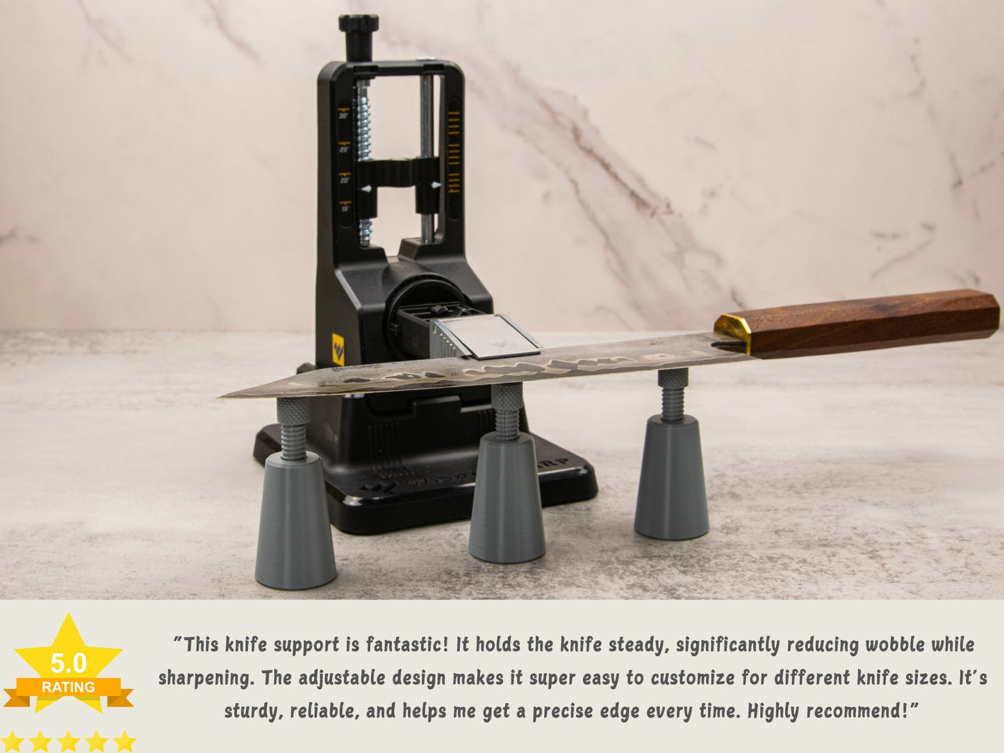 Customer testimonial image showing the Work Sharp Precision Adjust sharpener with knife edge supported by three adjustable supports, reducing blade wobble.