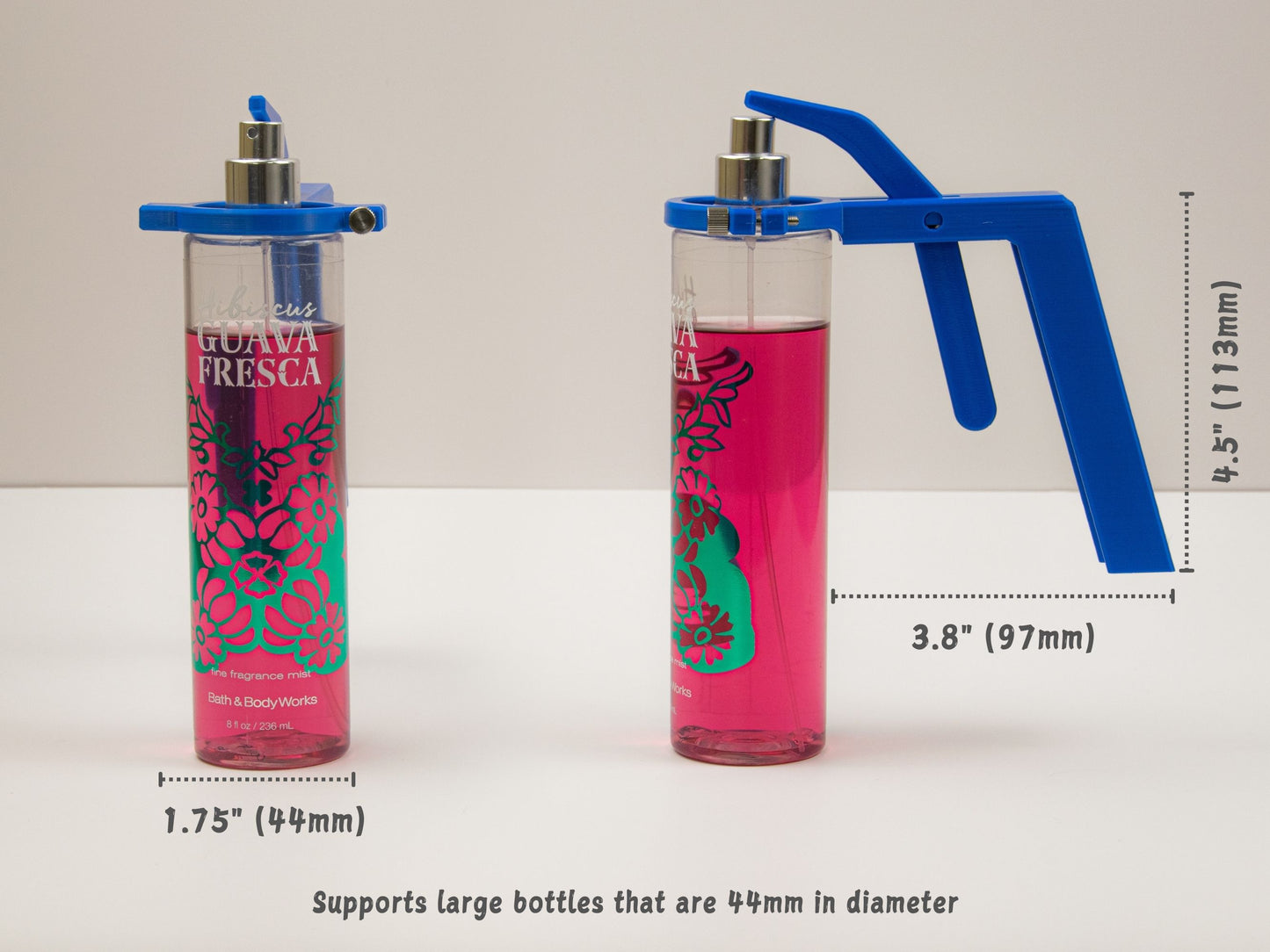 Blue spray assistant attached to a large Bath & Body Works bottle, showing dimensions of 4.5" tall by 3.8" long (113mm x 97mm) and compatibility with bottles that are 44mm in diameter.