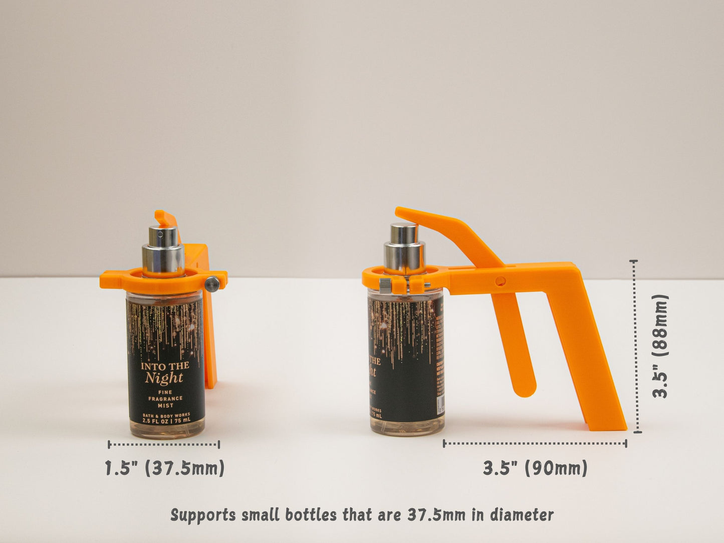 Orange spray assistant attached to a small Bath & Body Works bottle, displaying 3.5" tall by 3.5" long (88mm x 90mm) and fitting bottles that are 37.5mm in diameter.