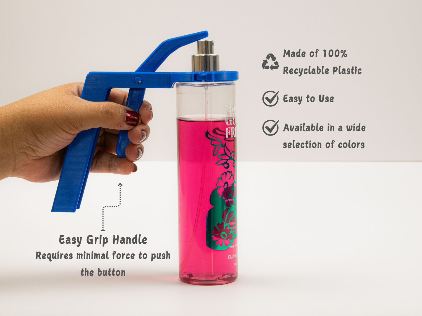 Blue assistant shown on a full-size fragrance bottle with hand operating the handle; callouts describe 100% recyclable plastic, ease of use, and multiple color options.