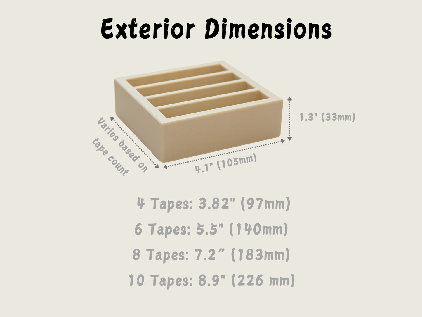 Size comparison chart of the Brother 12mm label tape organizer showing exterior dimensions for 4, 6, 8, and 10-tape variations in both inches and millimeters.