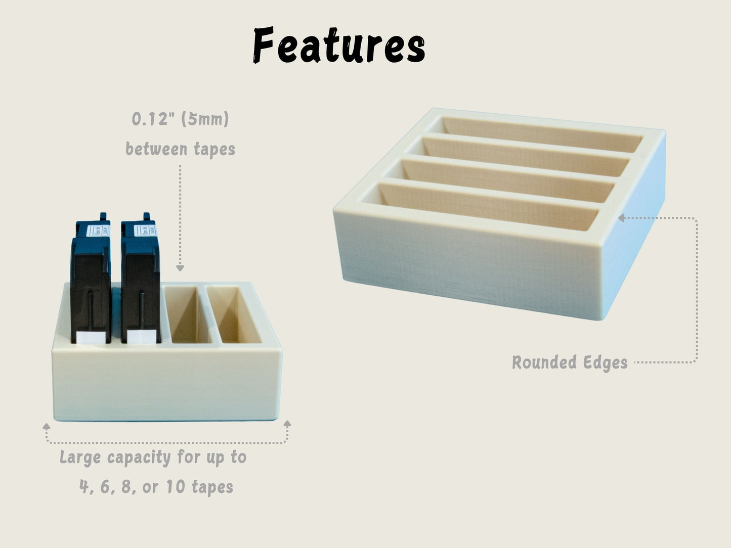 Feature highlights of the Brother label tape organizer including rounded edges, 5mm spacing between tapes, and capacity for up to 10 cartridges.