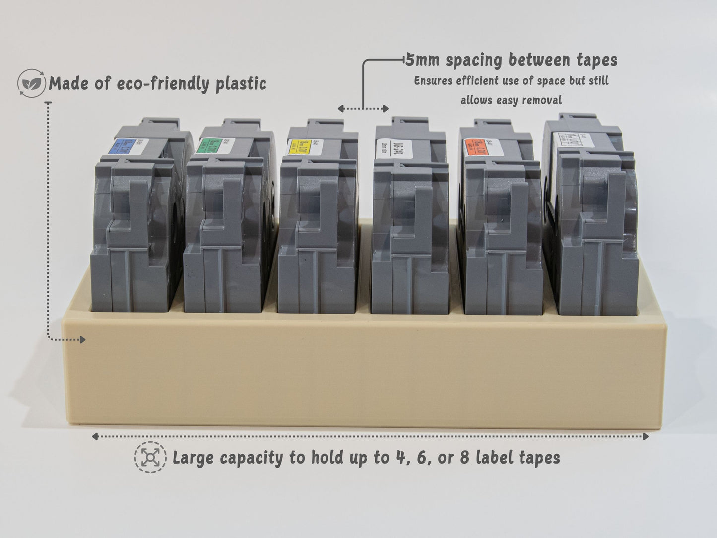 Eco-friendly label tape organizer for Brother 18mm cartridges showing 5mm spacing between tapes and capacity for 4 to 8 tapes.