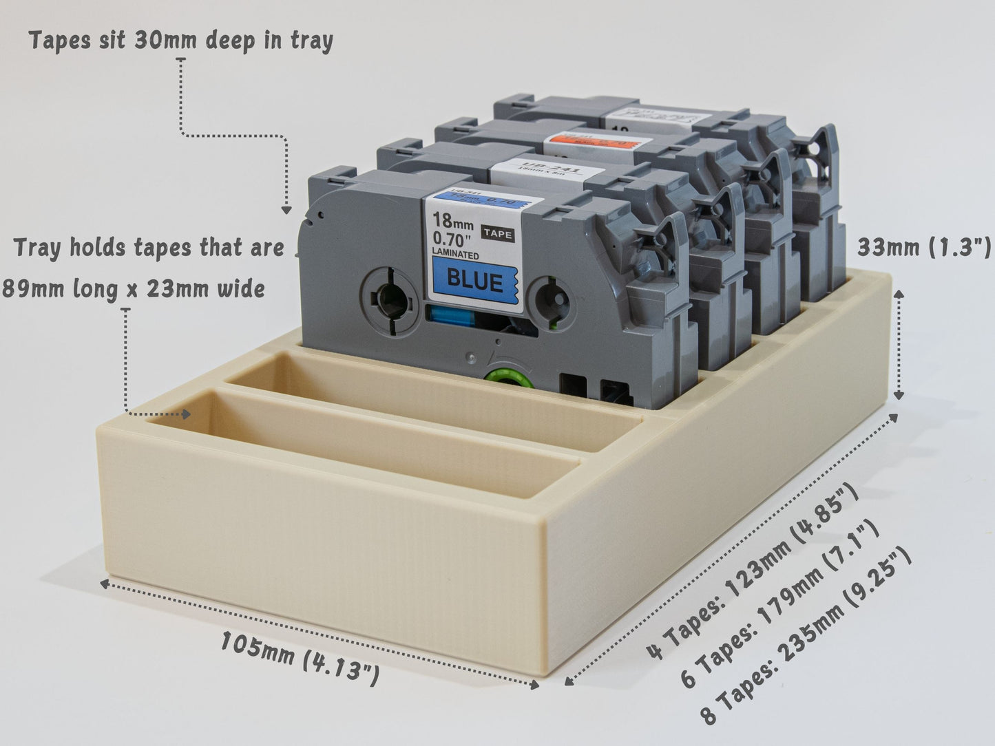 Technical diagram of the Brother 18mm label tape organizer showing measurements in mm and inches for tray depth and cartridge compatibility.