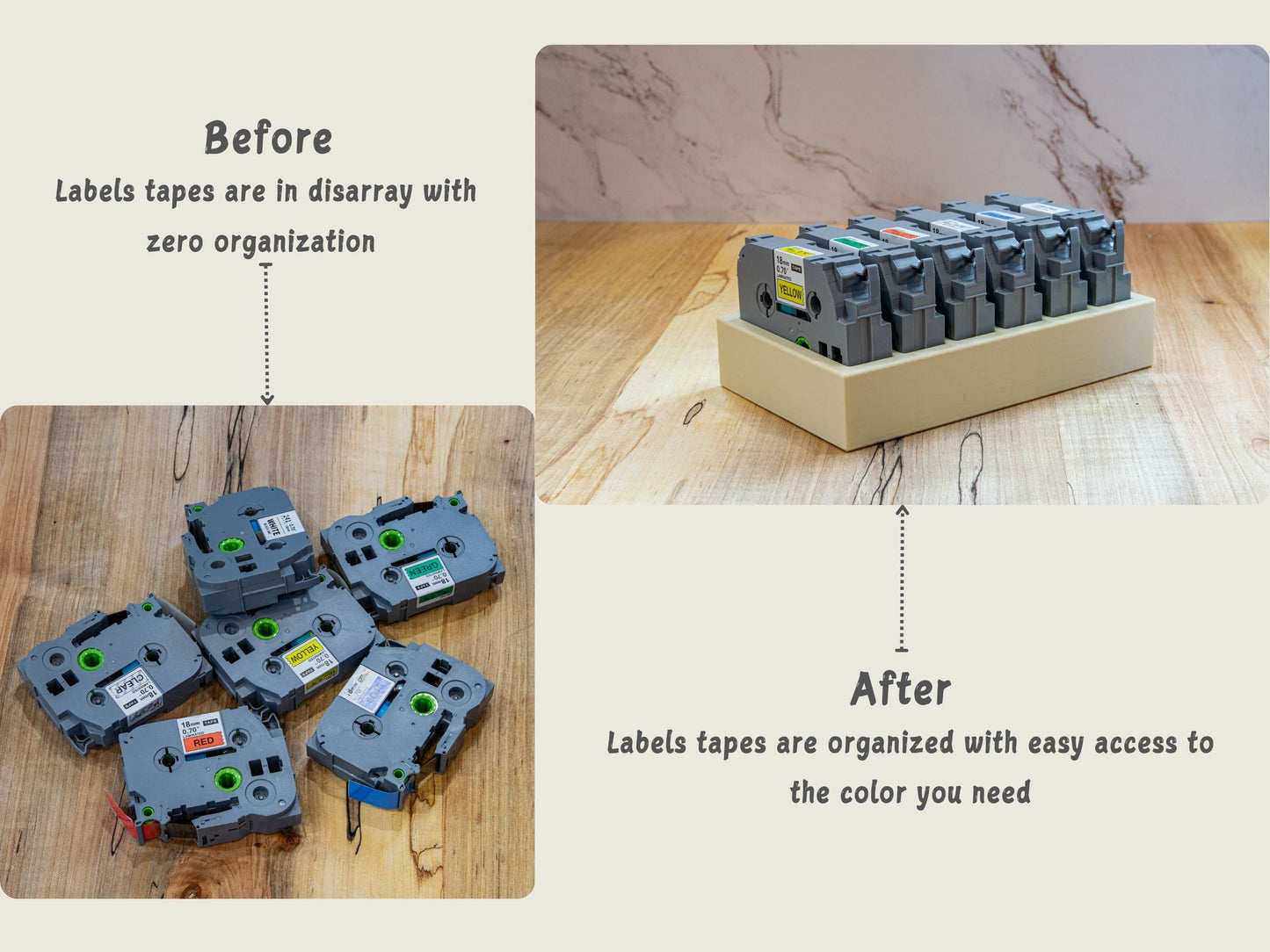 Before-and-after image showing cluttered loose 18mm label tapes vs. neatly organized tapes in the Brother-compatible storage tray.