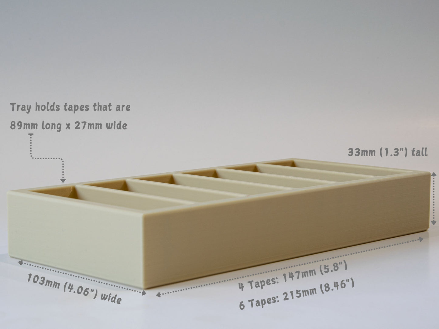 Technical diagram of the 24mm Brother label tape organizer showing measurements for tray width, tape dimensions, and capacity in inches and millimeters.