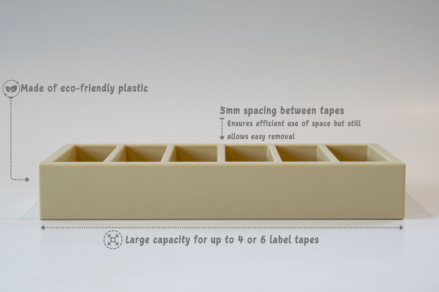Feature view of the 24mm Brother label organizer highlighting eco-friendly plastic material, 5mm tape spacing, and large storage capacity.