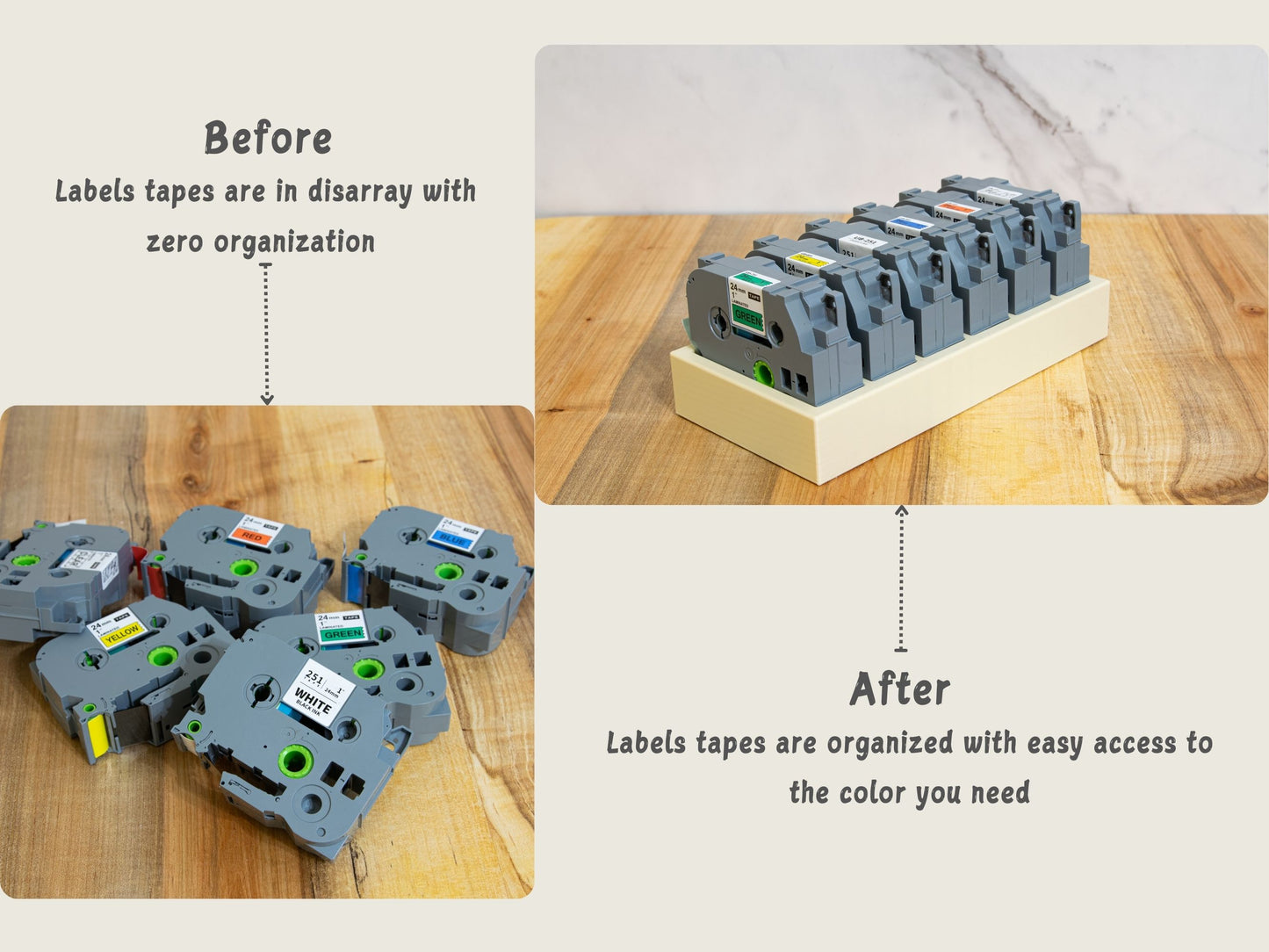 Before-and-after comparison of disorganized label tapes vs. neatly arranged 24mm Brother cartridges in a custom-fit organizer tray.