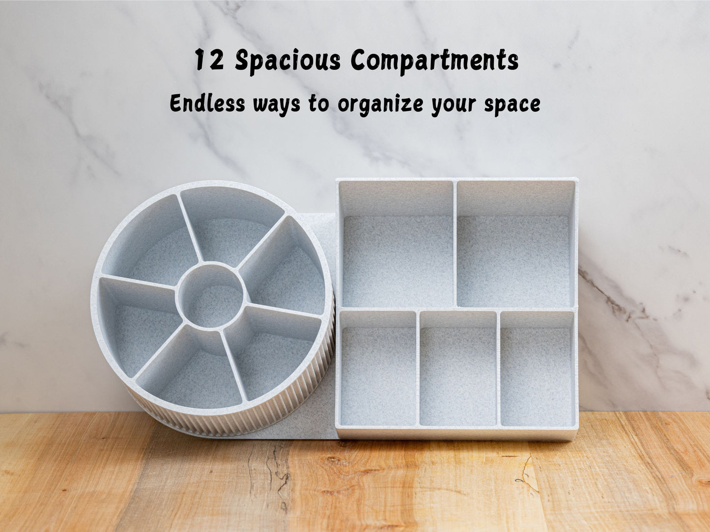 Top-down view highlighting 12 total storage spaces: the round rotating carousel with six pie-shaped compartments plus a center well, and the rectangular base with two large and three smaller sections; on-image text reads ‘12 Spacious Compartments — Endless ways to organize your space.’