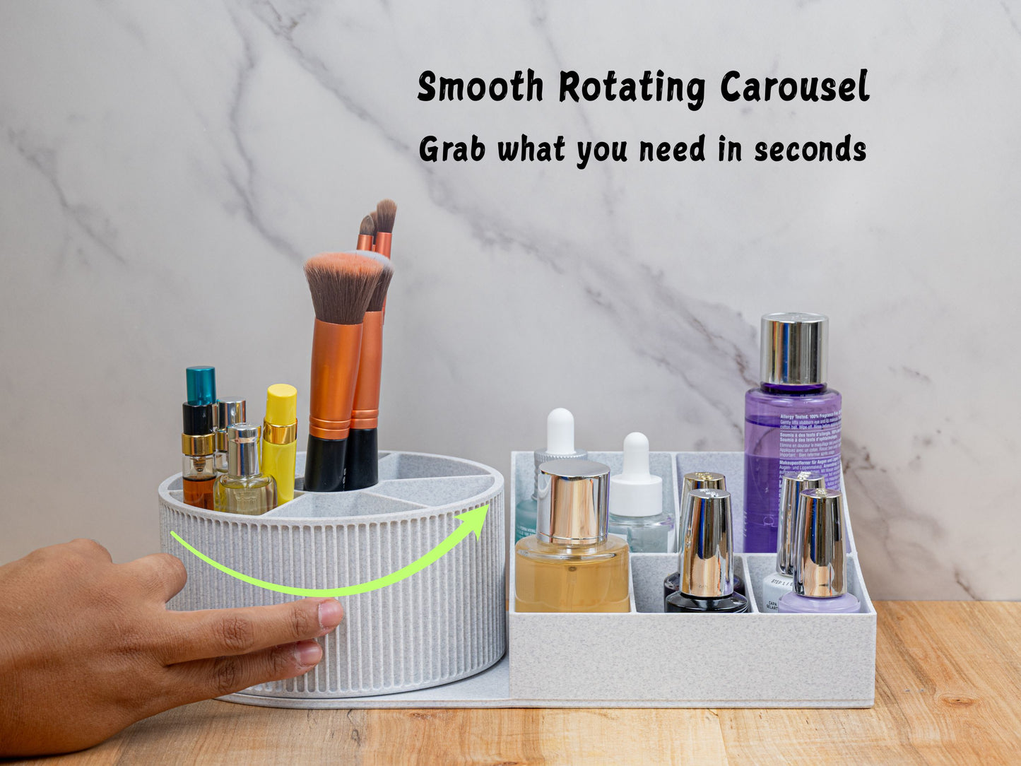Action shot with a hand gently turning the carousel; a curved green arrow indicates smooth 360-degree rotation while brushes, sprays, droppers, and polishes remain accessible; on-image text reads ‘Smooth Rotating Carousel — Grab what you need in seconds.'