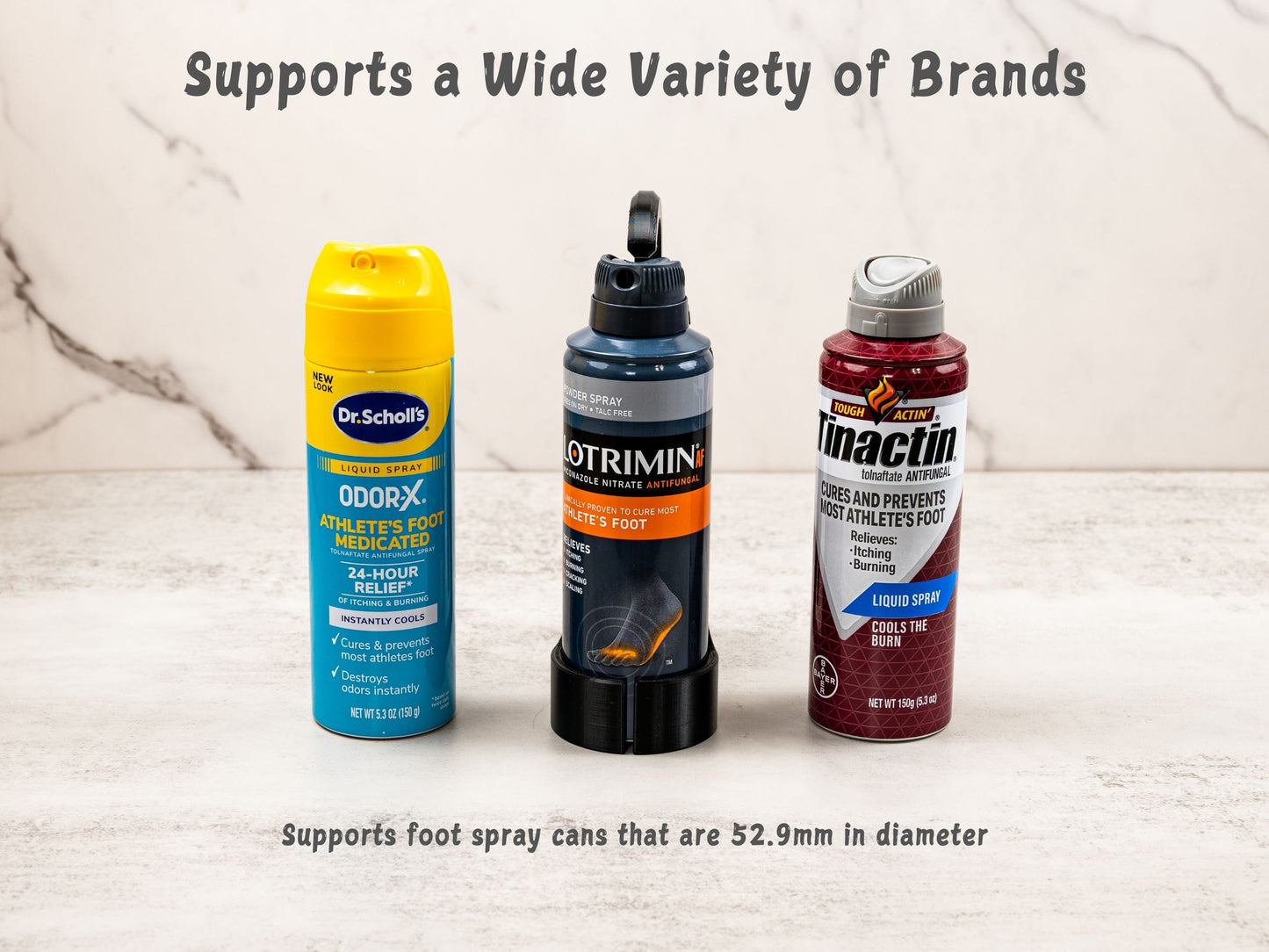 Three common foot spray cans—Dr. Scholl’s, Lotrimin, and Tinactin—compatible with the Foot Spray Assistant designed for 52.9mm diameter cans.