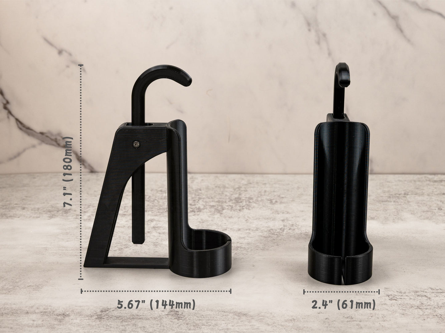 Foot Spray Assistant shown from front and side, with measurements: 7.1 inches tall, 5.67 inches deep, 2.4 inches wide (180mm x 144mm x 61mm).
