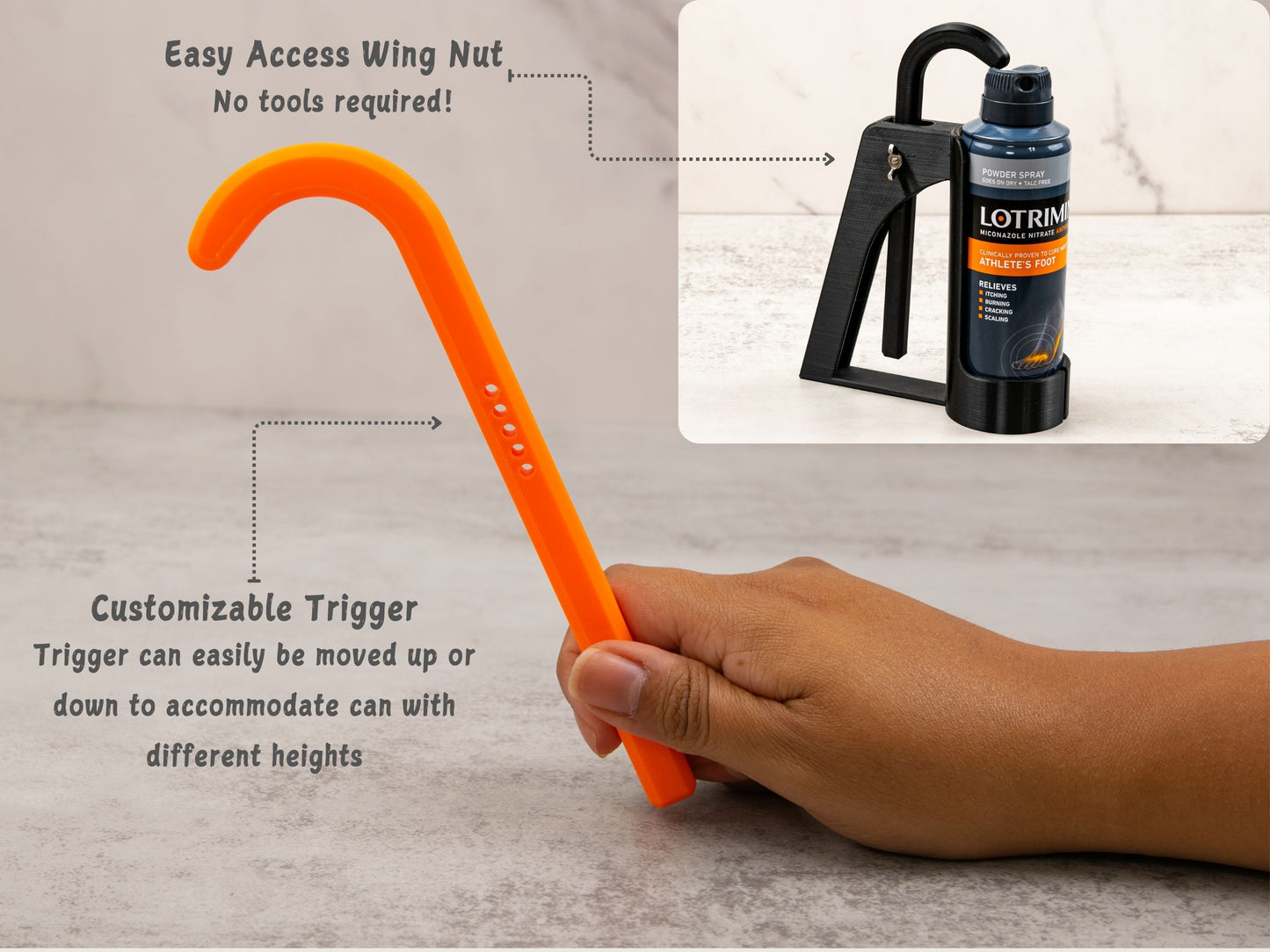 Close-up of adjustable trigger and wingnut, showing how the Foot Spray Assistant adapts to different can heights without tools.