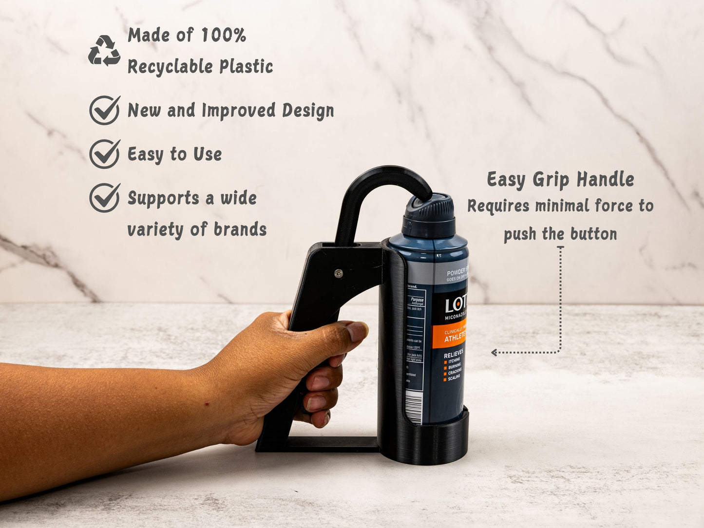 User holding the Foot Spray Assistant, demonstrating the ergonomic handle and accessible design with Lotrimin spray can.