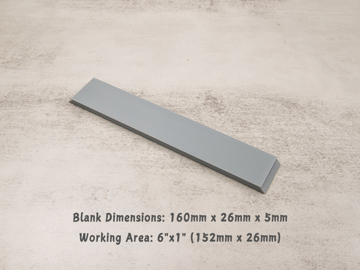Lapping film blank showing full dimensions of 160mm x 26mm x 5mm with inch working area of 152mm x 26mm