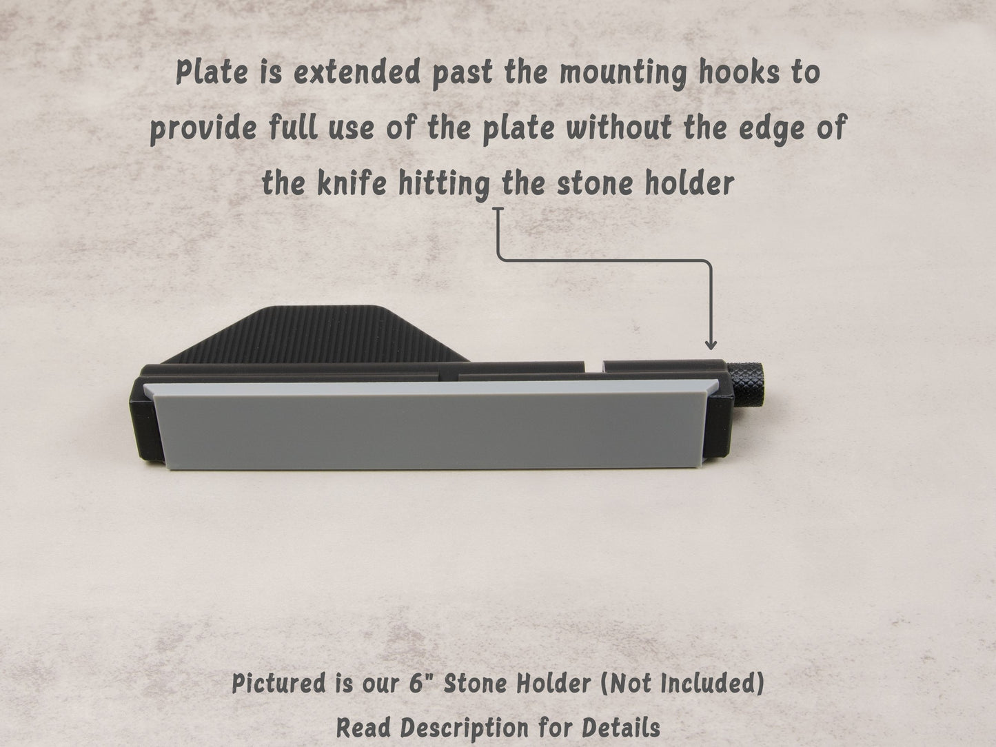 Lapping film blank mounted in stone holder with extended plate for full edge access without interference