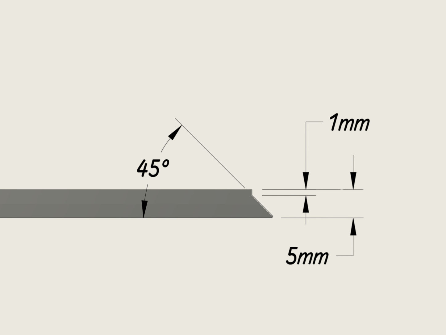 Side profile technical drawing of lapping film blank showing 45-degree beveled edge and 5mm thickness