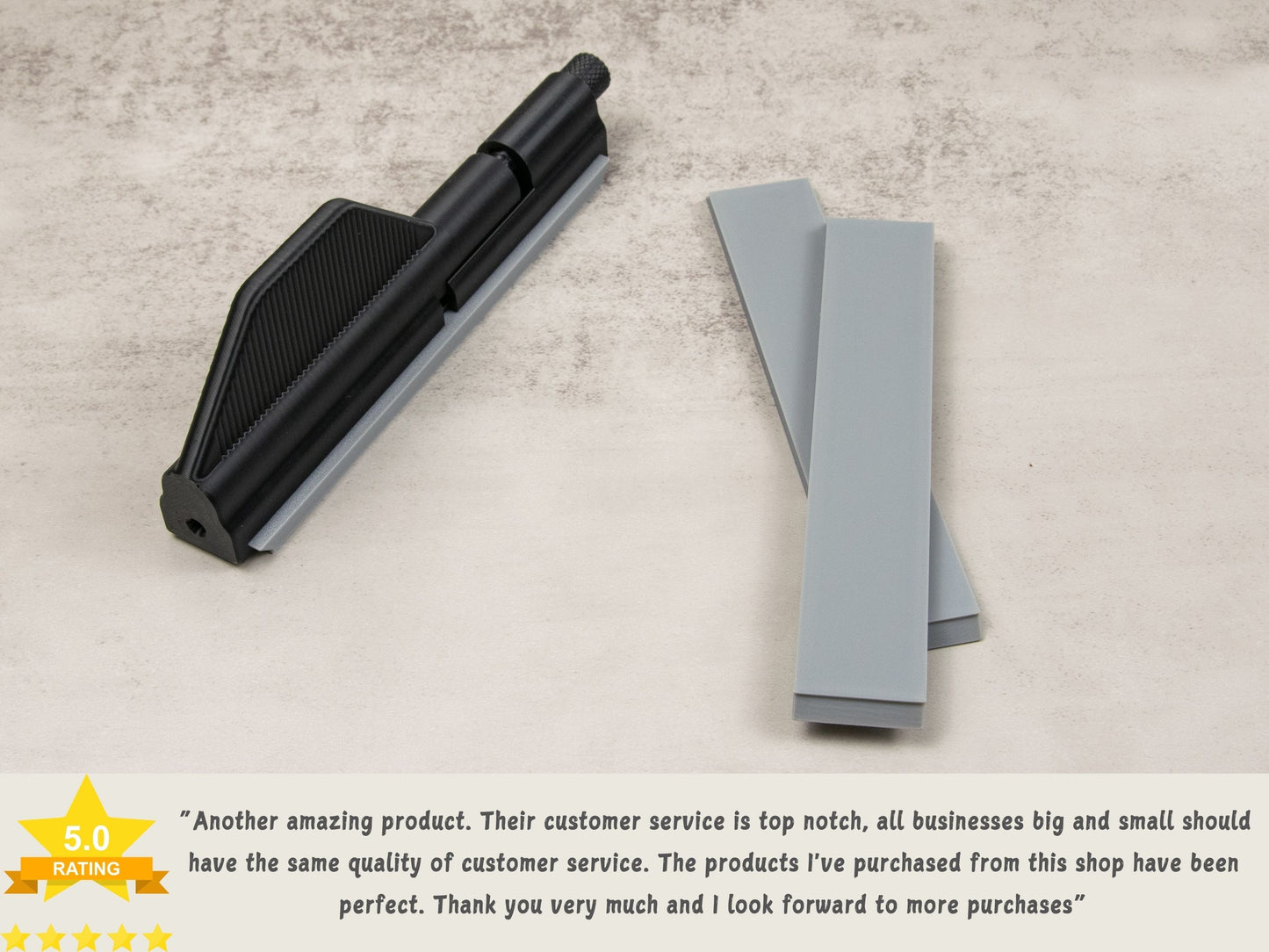 Lapping film blanks next to black stone holder with customer review overlay and five-star rating