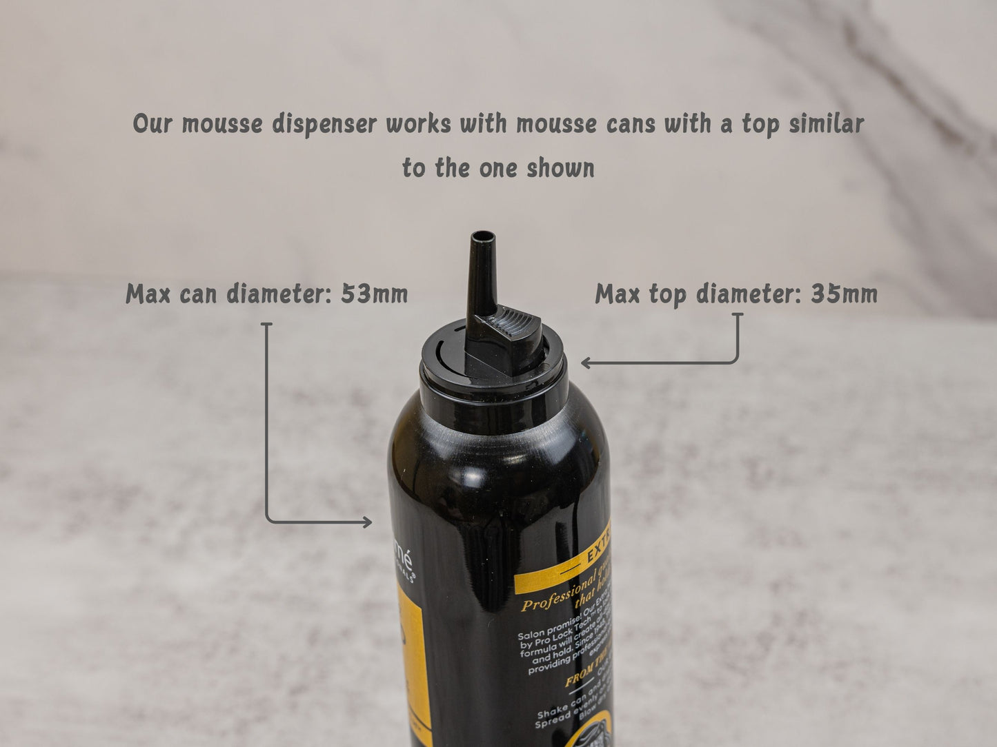 Hair mousse can with a compatible top style showing 53mm base diameter and 35mm top diameter, ideal for use with the mousse dispenser.