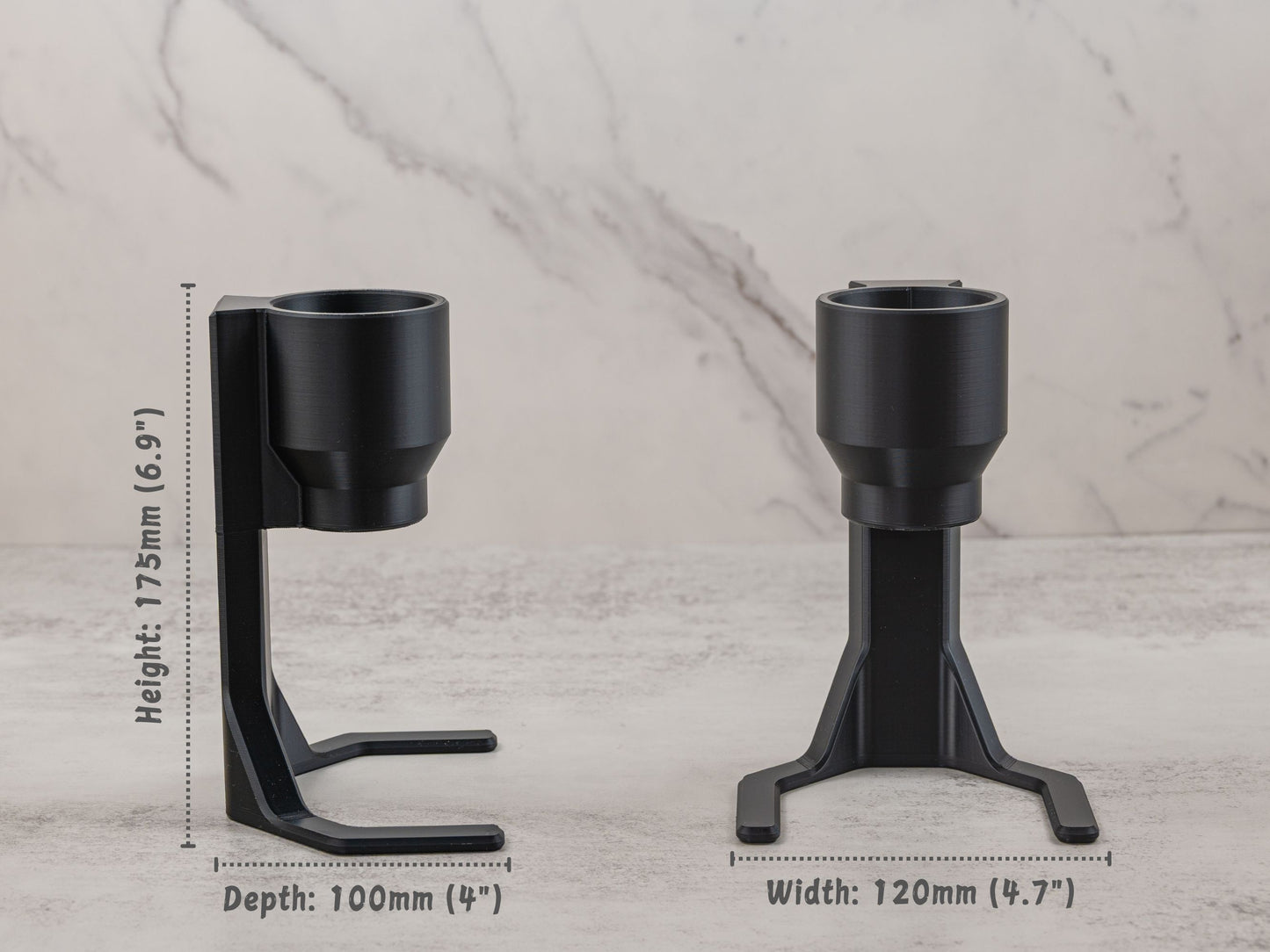 Side-by-side view of the mousse dispenser showing dimensions: 120mm (4.7") wide, 100mm (4") deep, and 175mm (6.9") tall.