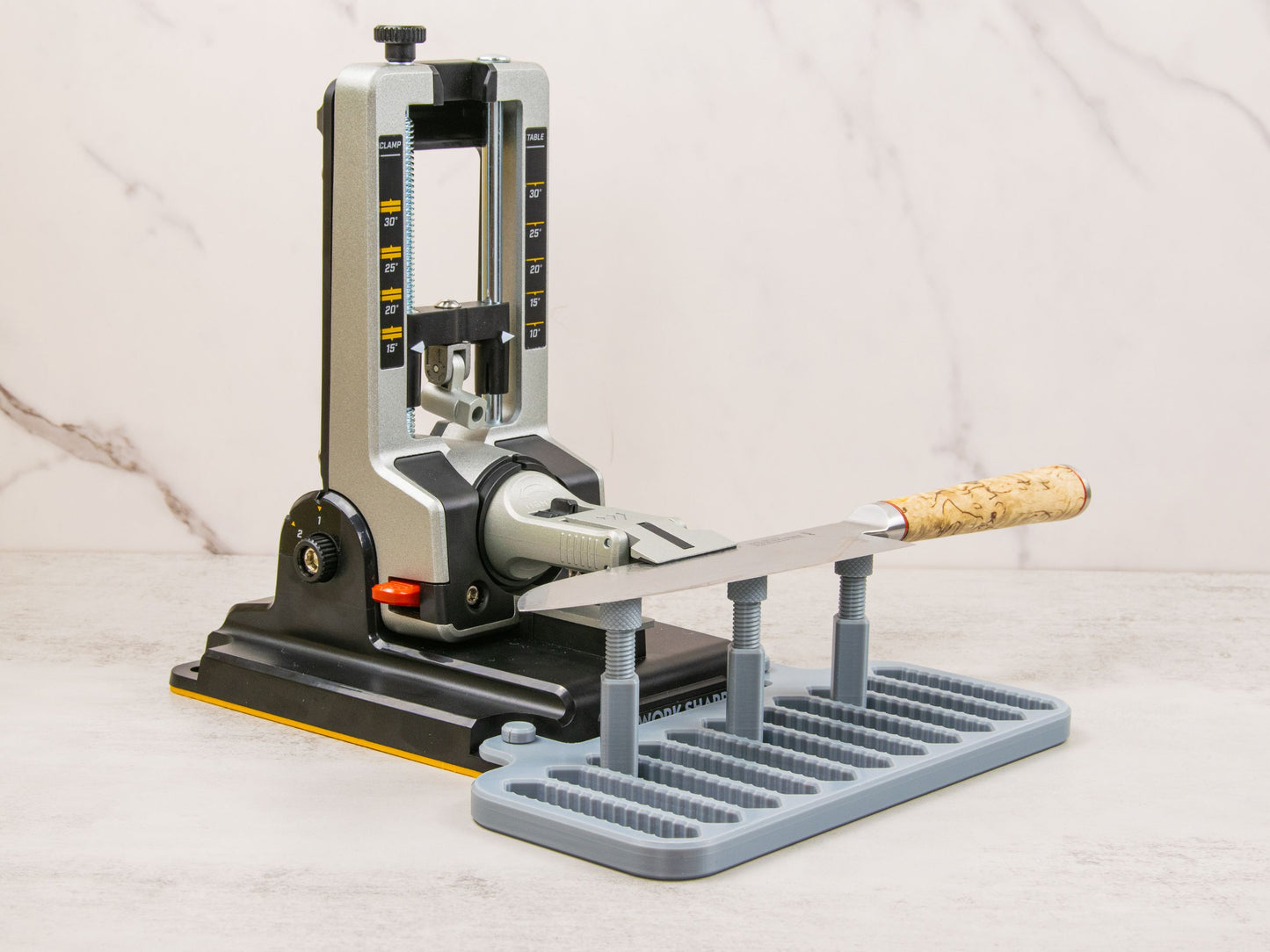 Work Sharp Professional Precision Adjust sharpener installed on platform.