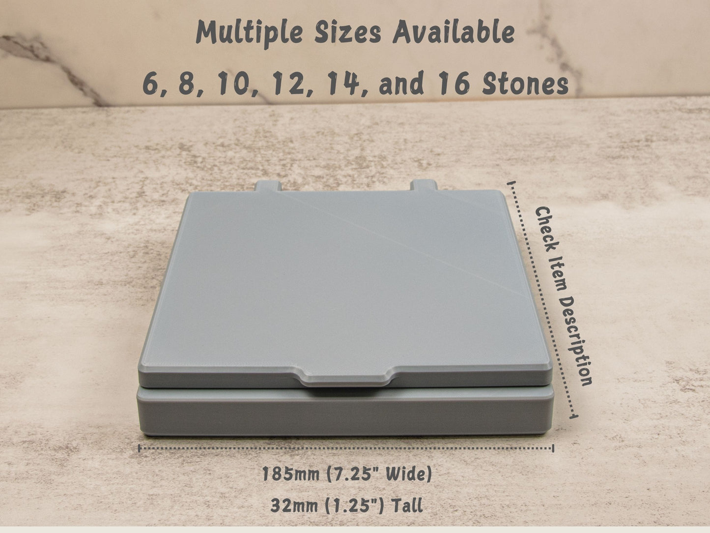 Sharpening Stone Storage Case in Space Gray shown closed. Dimensions: 185mm (7.25 inches) wide and 32mm (1.25 inches) tall. Multiple sizes available to hold 6 to 16 stones.