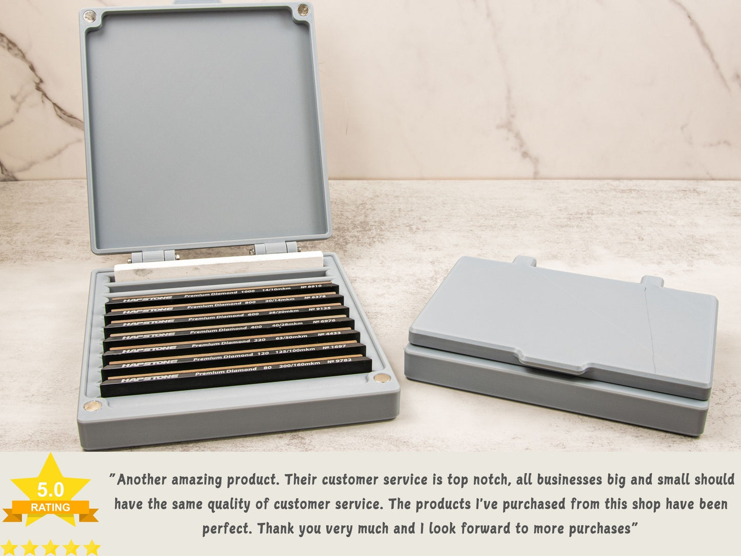 Sharpening stone case open and filled with stones next to a closed case. Includes a five-star customer testimonial praising product and service quality.