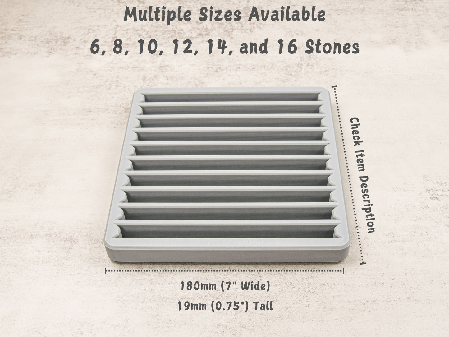 Sharpening Stone Storage Tray in Space Gray, open to show 16 slots for stones. Dimensions: 180mm (7 inches) wide and 19mm (0.75 inches) tall. Multiple size options available for 6, 8, 10, 12, 14, and 16 stones.