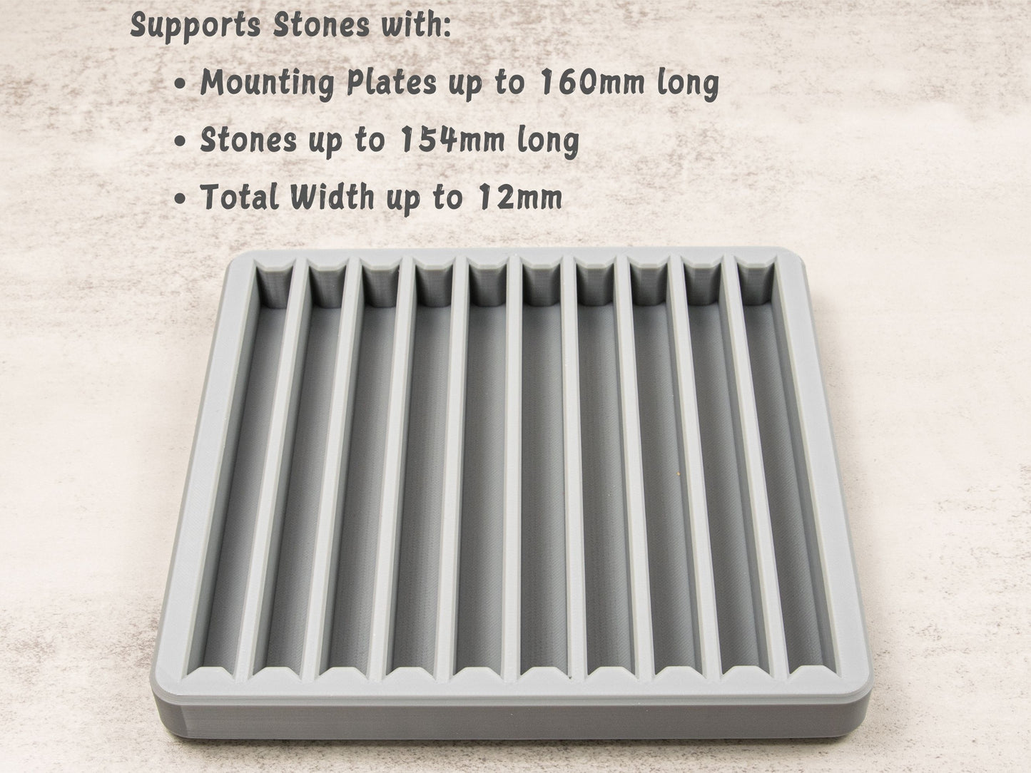 Top-down view of sharpening stone tray showing 10 slots with text overlay listing compatible dimensions: 160mm plate, 154mm stone, 12mm thickness.