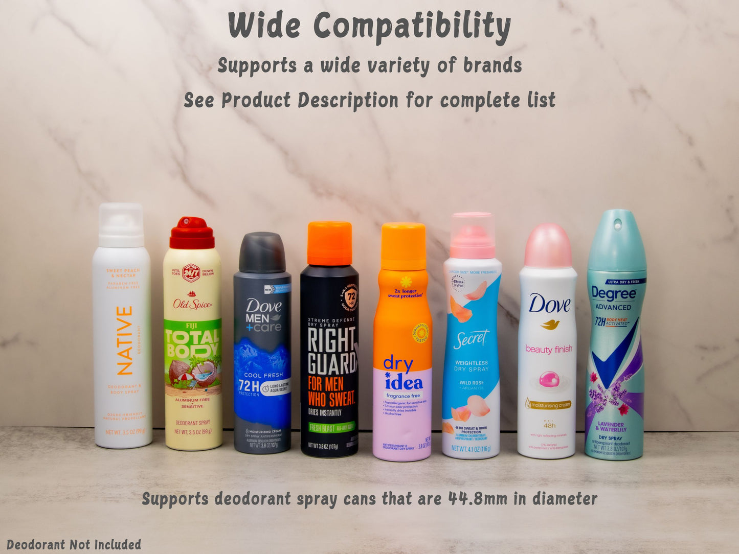 Deodorant Spray Assistant shown with a lineup of popular compatible brands, demonstrating wide compatibility with 44.8mm diameter spray cans