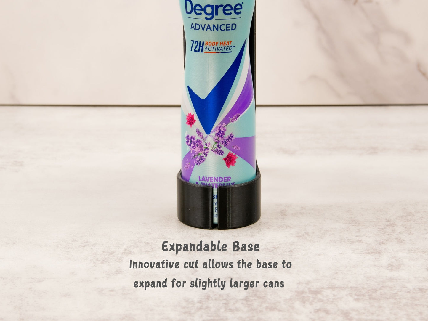 Zoomed-in view of the base around a can, emphasizing the cutout feature that allows for slight expansion to support larger cans.