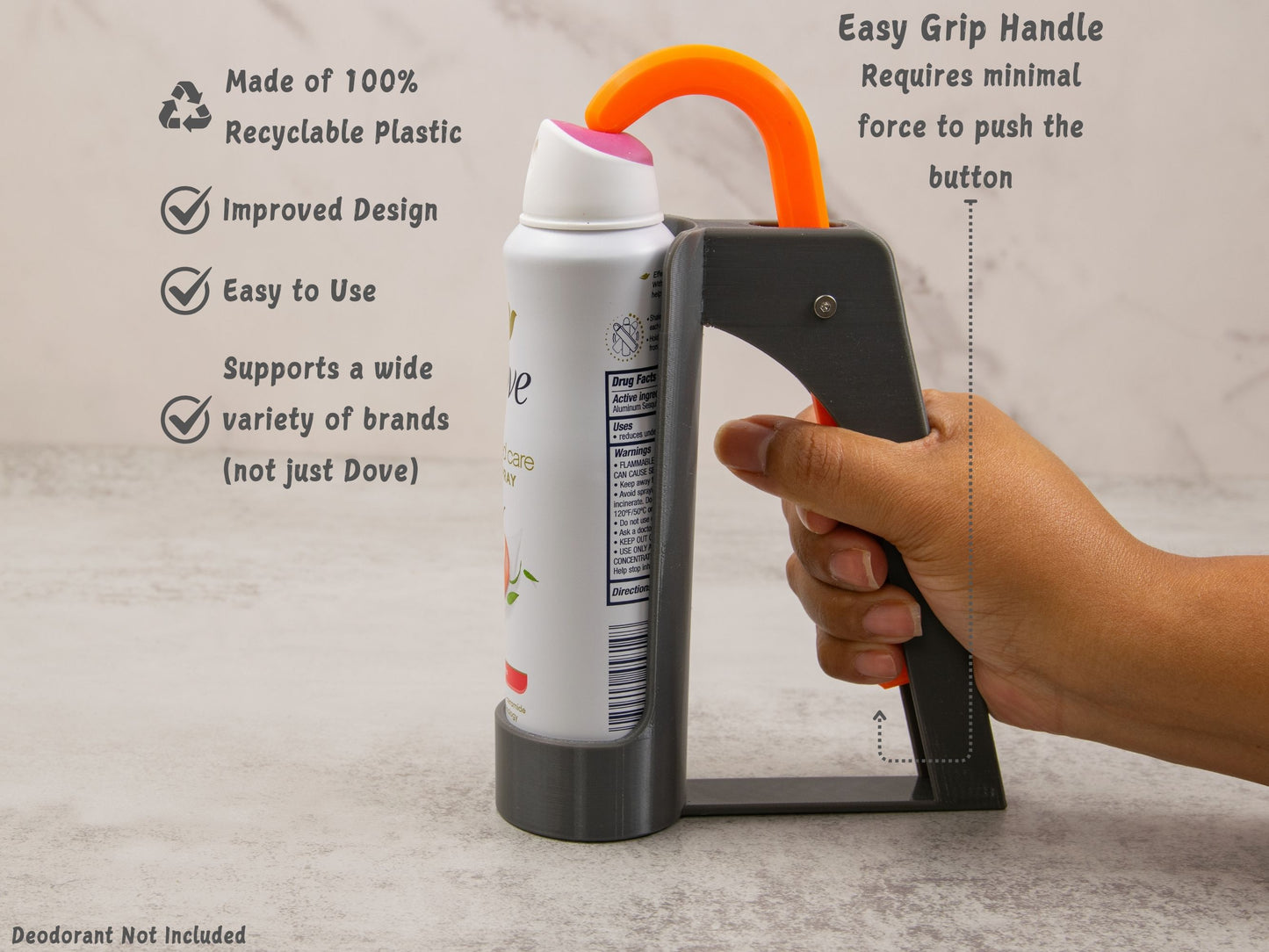 A hand gripping the Deodorant Spray Assistant, showing ease of use, ergonomic handle, and icon callouts for key features like recyclability and compatibility.