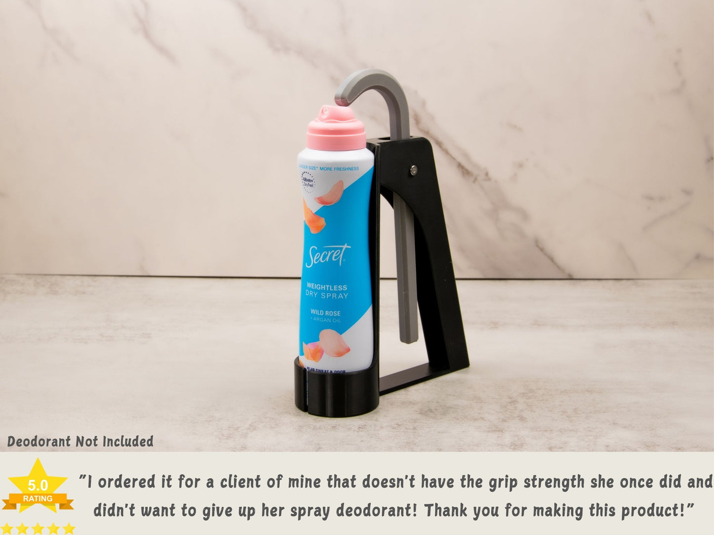 Assistant shown in use with a Secret can and overlaid customer review praising its effectiveness for people with limited grip strength.