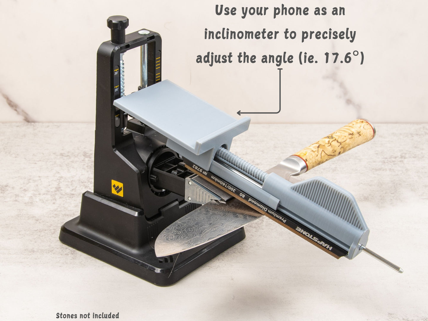 Phone tray accessory lets you use a smartphone as an inclinometer for sharpening accuracy.