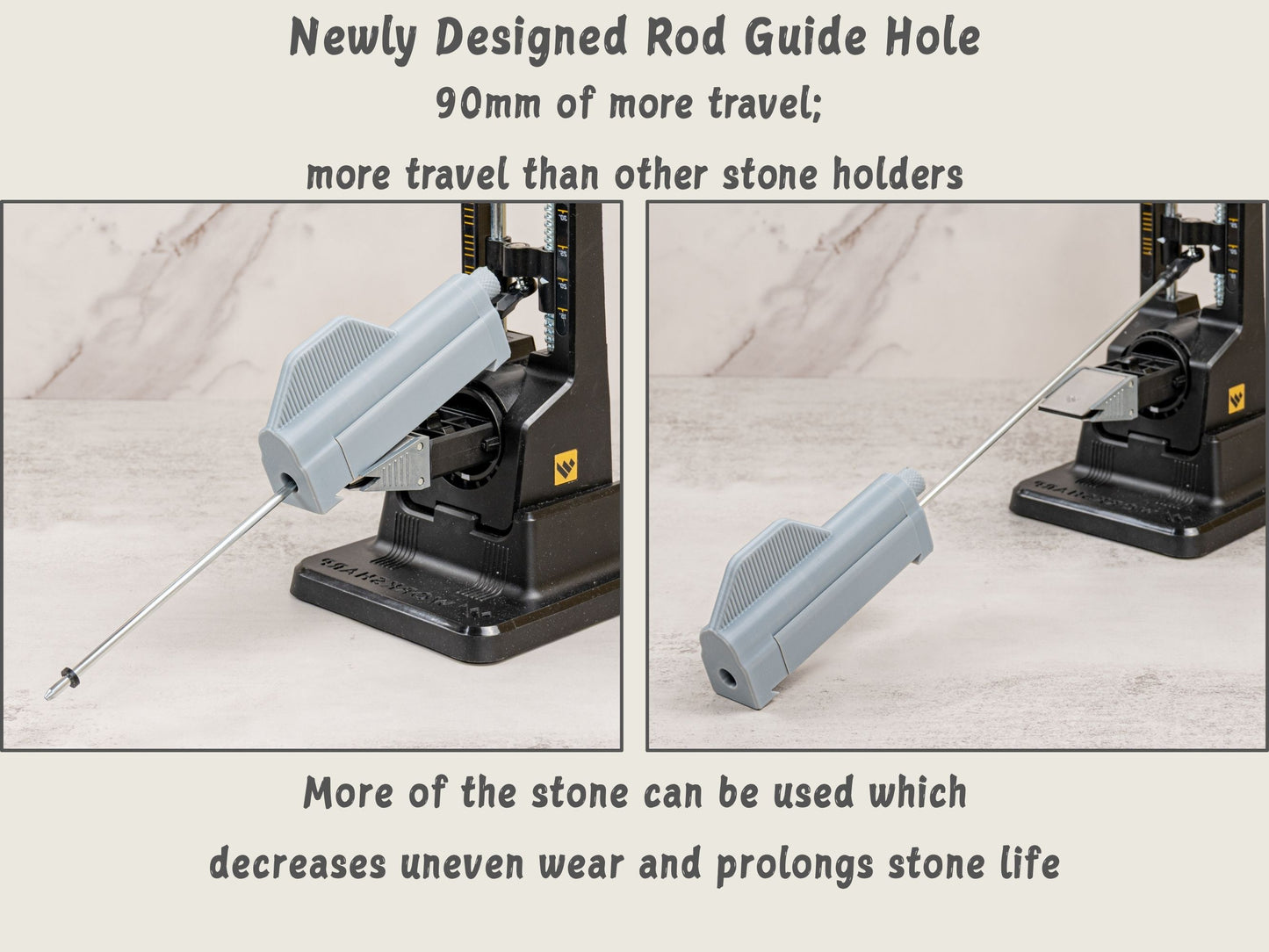 Redesigned rod guide hole allows more travel and reduces stone wear.