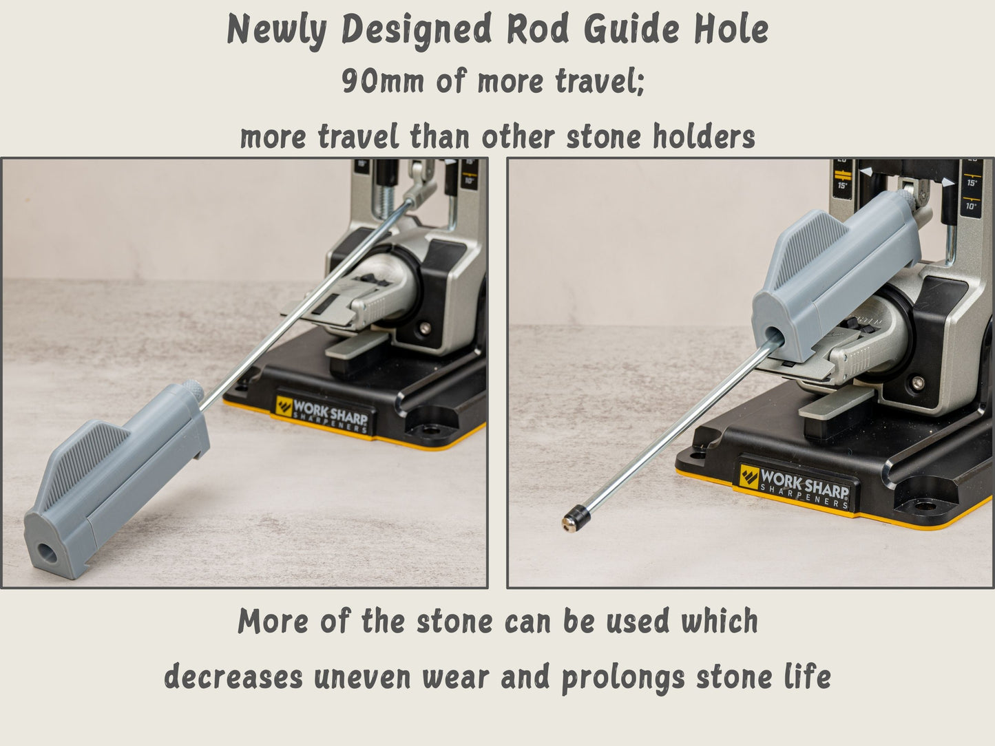 Redesigned rod guide hole allows more travel and reduces stone wear
