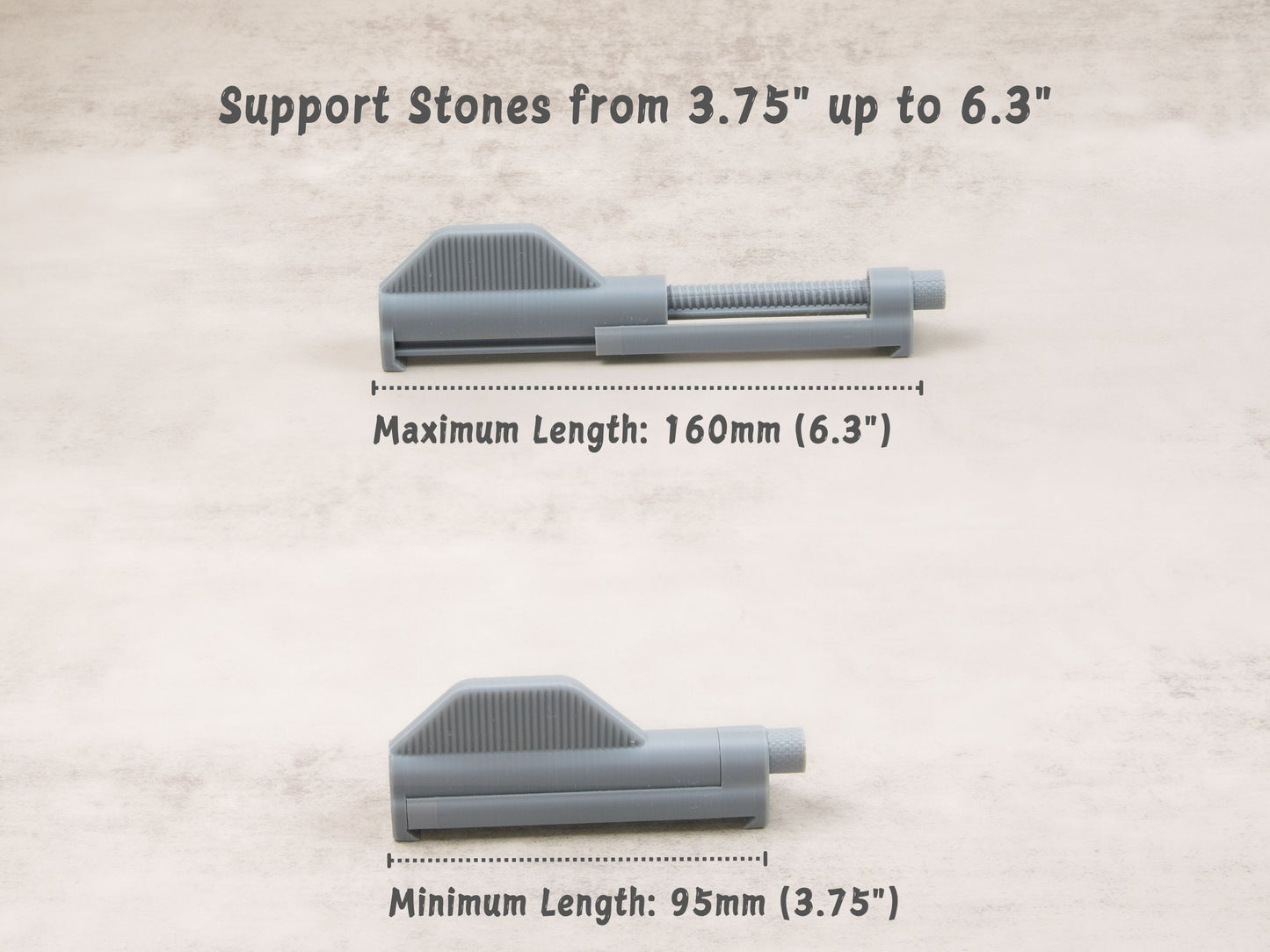 Adjustable stone holder fits sharpening stones from 3.75" to 6.3" long