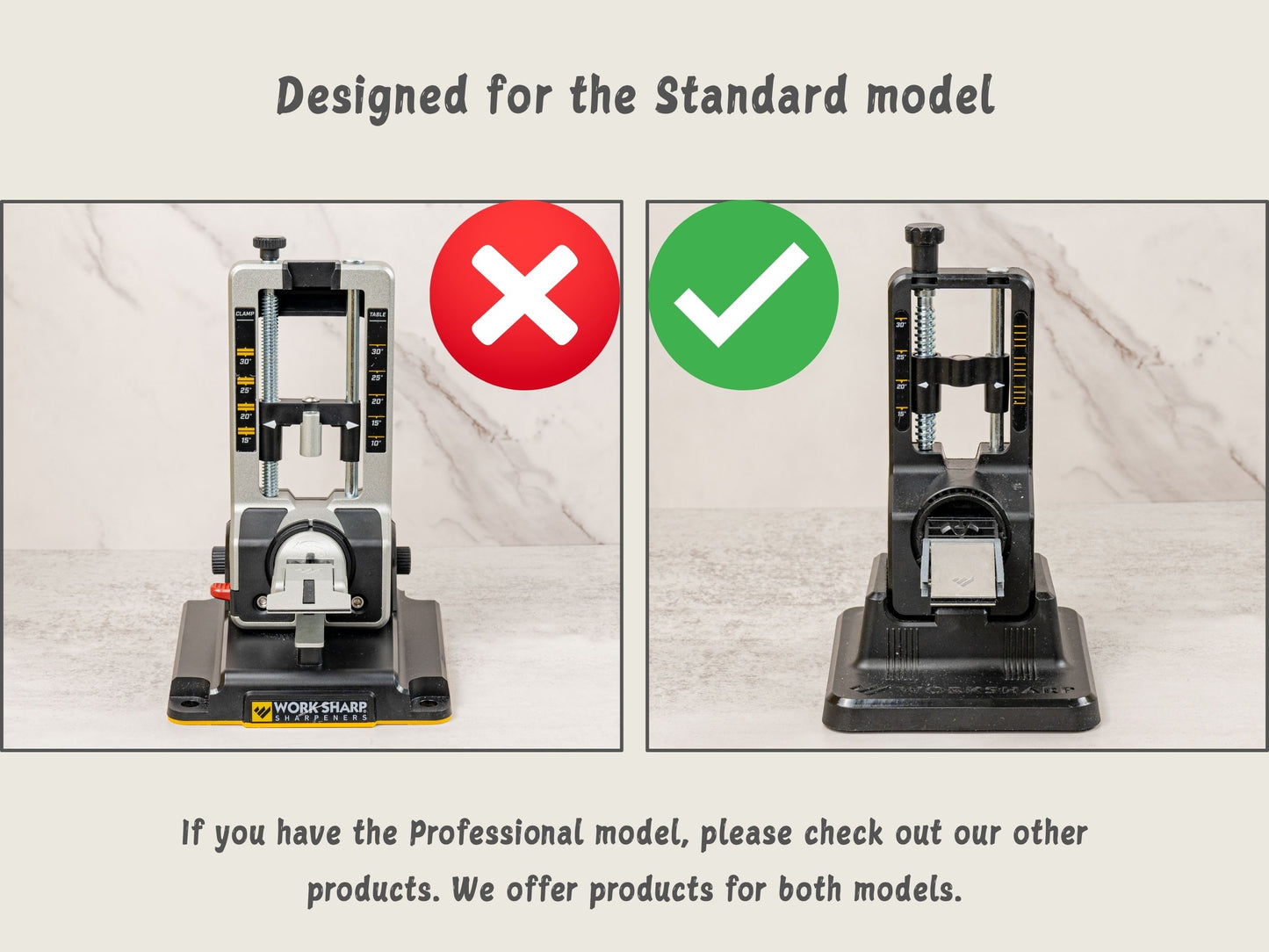Compatibility guide showing stone holder fits Standard Work Sharp Precision Adjust only