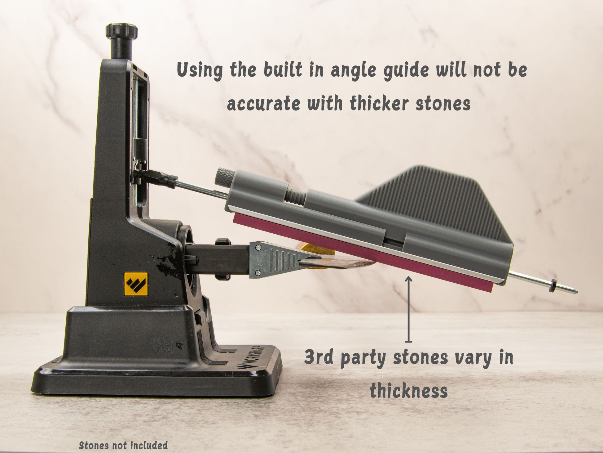 Stone holder on Work Sharp sharpener showing angle variance with thicker stones.