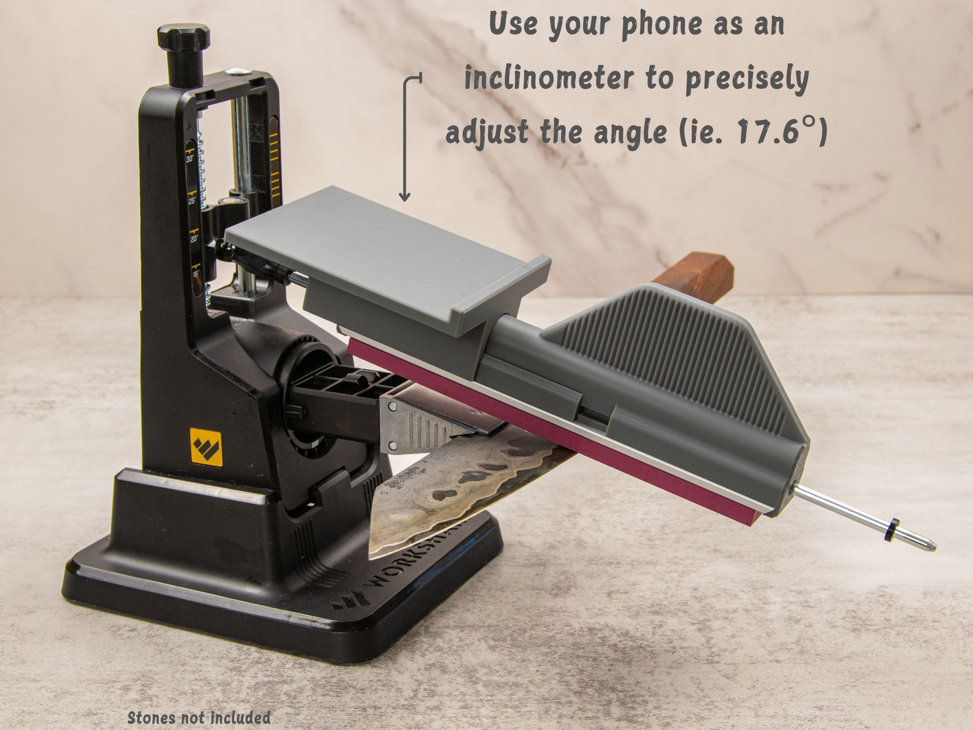 Phone tray accessory lets you use a smartphone as an inclinometer for sharpening accuracy.