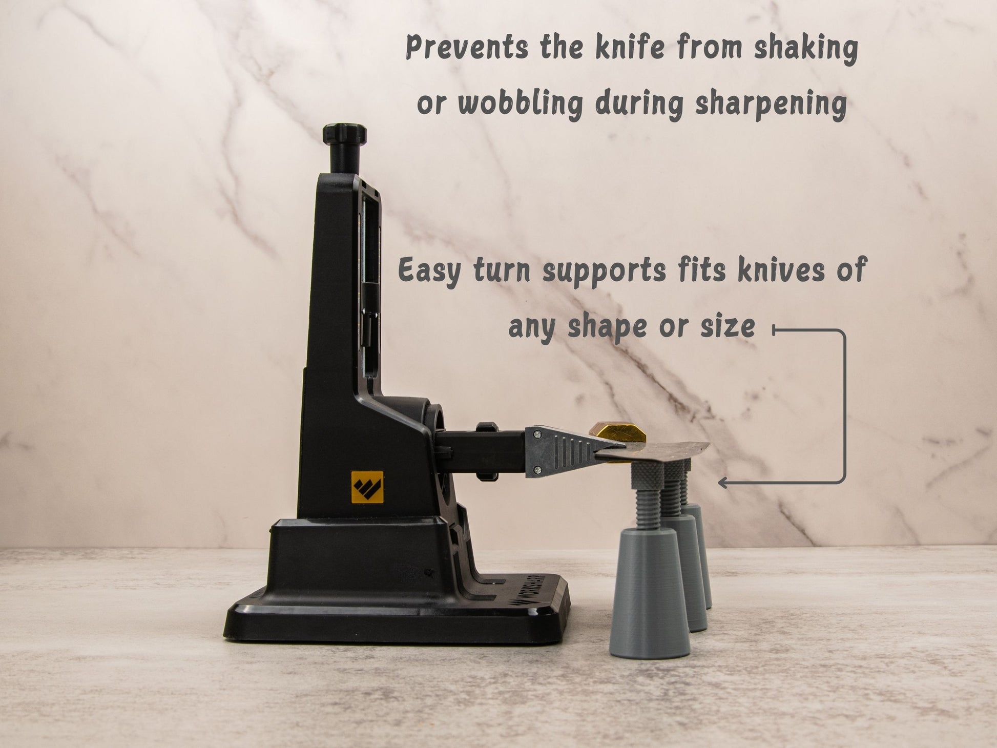 Work Sharp Precision Adjust system with three knife supports stabilizing a mounted knife; text highlights wobble prevention and adjustable fit for all knife sizes.