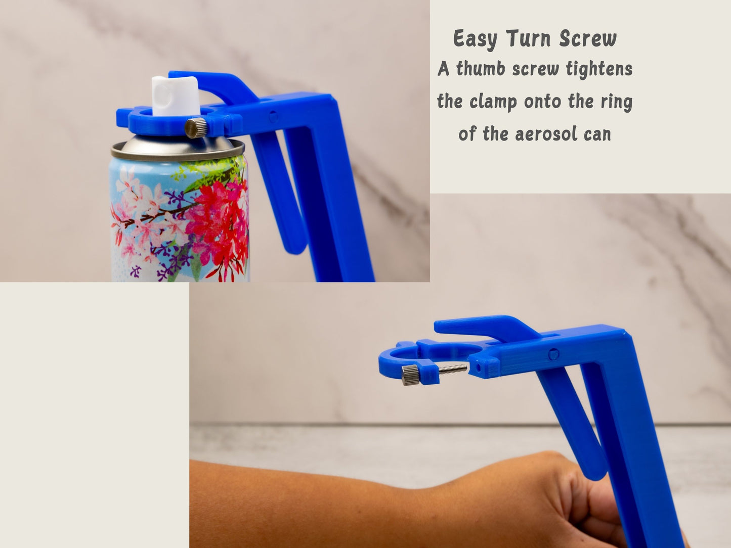 Thumb screw clamp shown tightening around aerosol can ring for a secure, adjustable fit – tool-free design