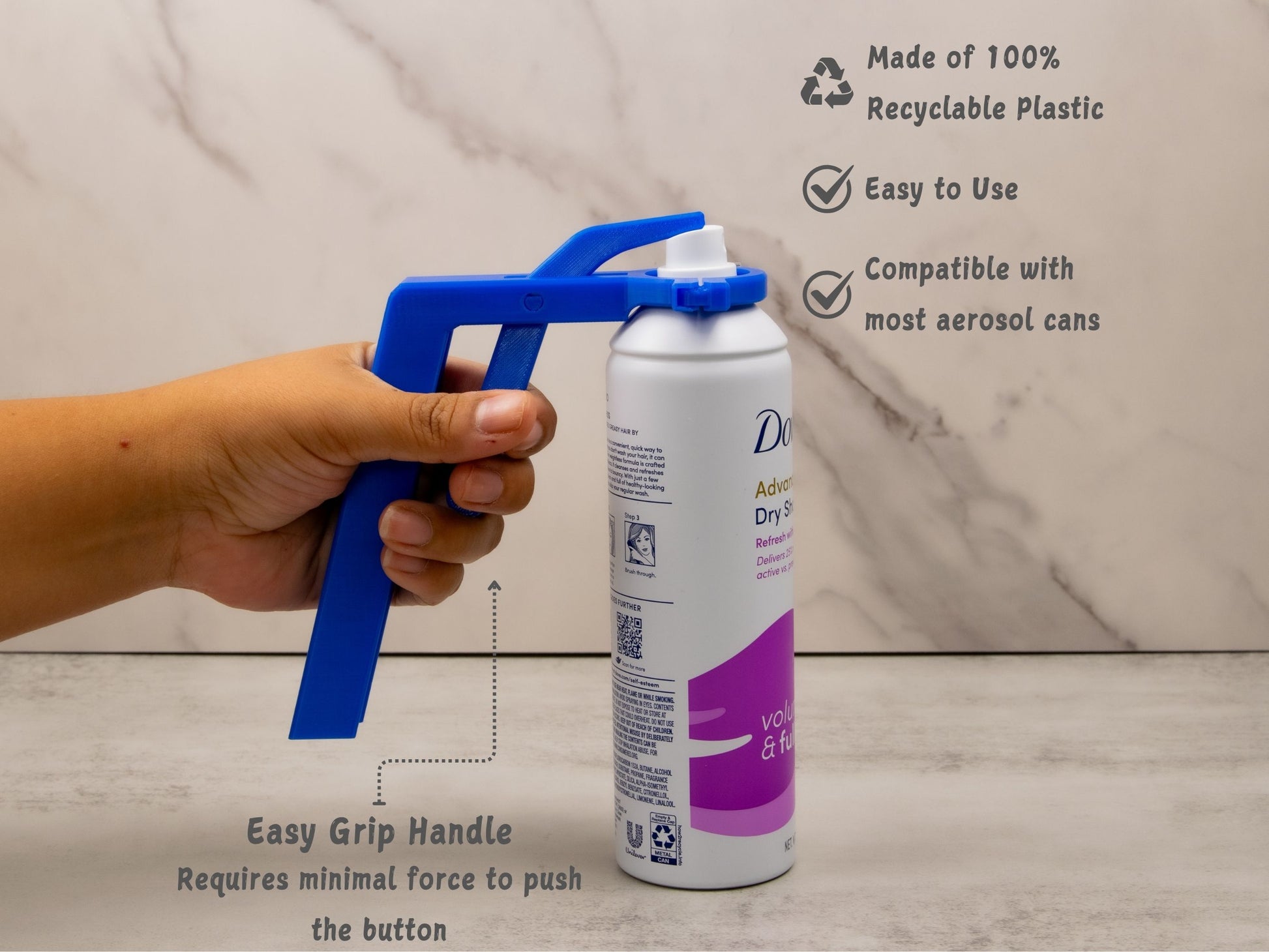 Spray assistant in use, highlighting easy grip handle, recyclable plastic, and wide aerosol can compatibility